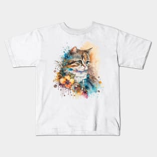 Feline Floral Art: Watercolor Elegance Kids T-Shirt